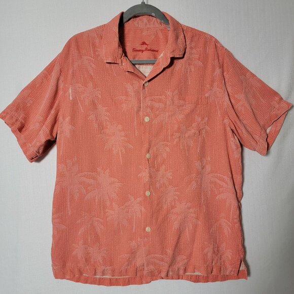 Tommy Bahama Mens Button Down Shirt Sz L Short Sleeve100% Silk Orange Palm Trees - Picture 1 of 11